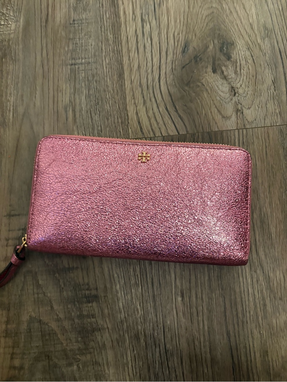 Tory Burch Metallic Rose Zip Wallet with Gold Logo